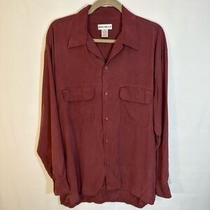 ROEVELLE Elegant Brown Silk Button Up Long Sleeve Shirt Blouse Size M Pockets